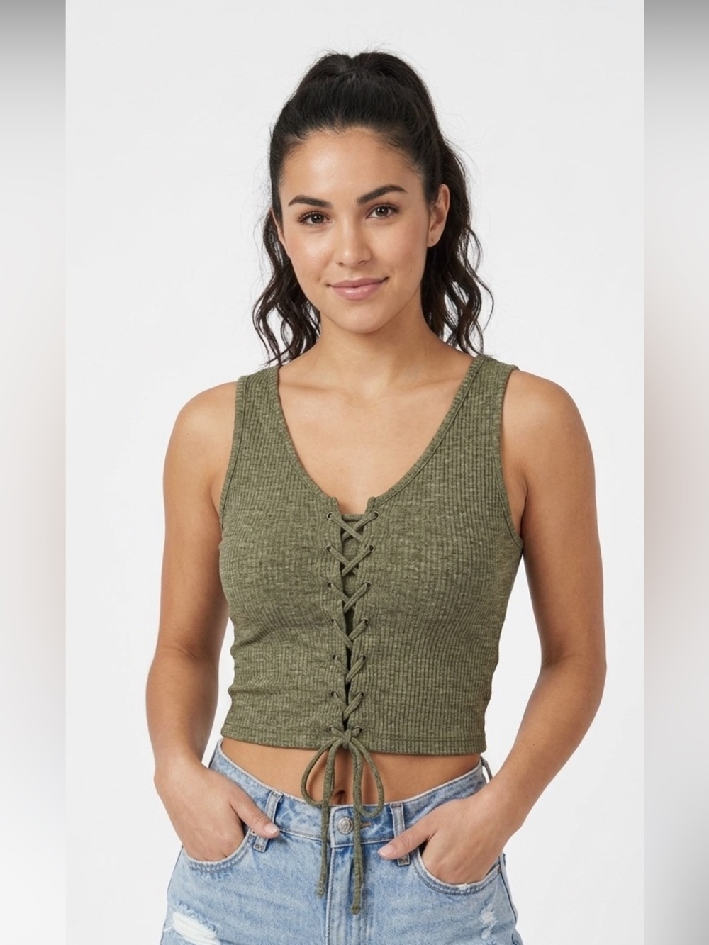 Garage Olive Lace-Up Tank Top Size Large